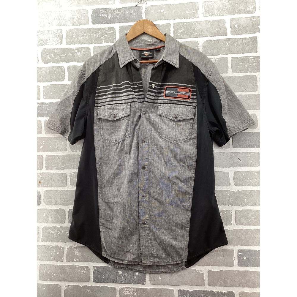 Harley-Davidson Mens Large Gray Black Linen Blend Short Sleeve Button Down Shirt